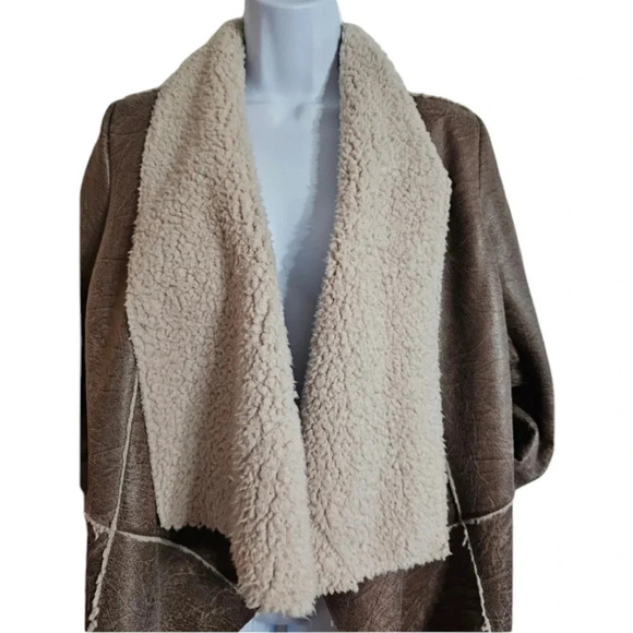 Forever 21 Faux Leather Sherpa Jacket S Brown Shearling Moto Drape Y2K Glam - Picture 3 of 11